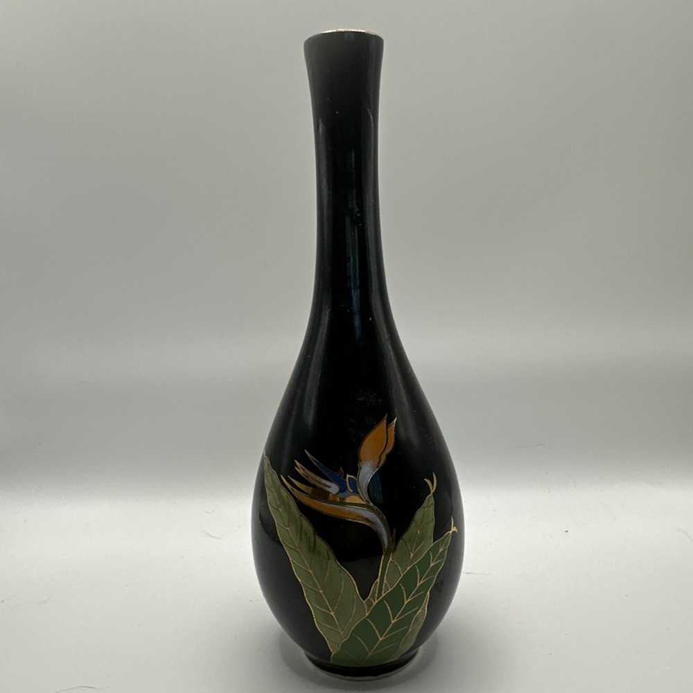 Otagiri Bird of Paradise Bud Vase Black Floral Design Gold Trim Japanese Vtg 8"